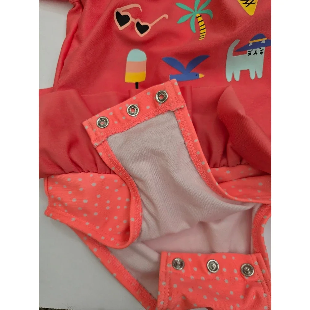 Cat & Jack Toddler Girls Coral Pink Summer Graphic Ruffle Swimsuit 2T